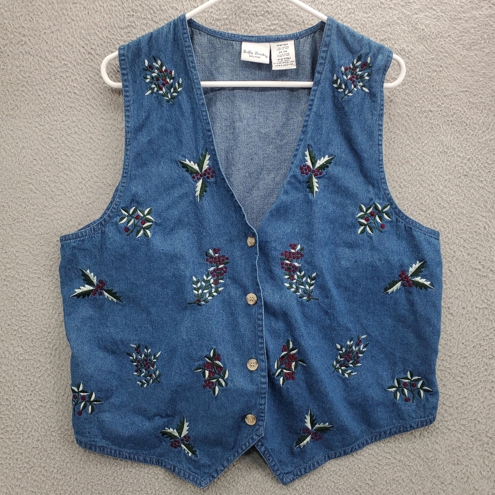 Bobbie Brooks Denim Vest Womens Size 14W Blue Embroidered